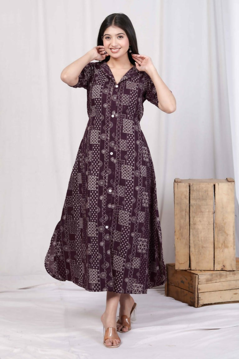 Miravan Women's Wine Mandarin Neck Floral Printed A-Line Party wear Maxi Dress | Grocsy
