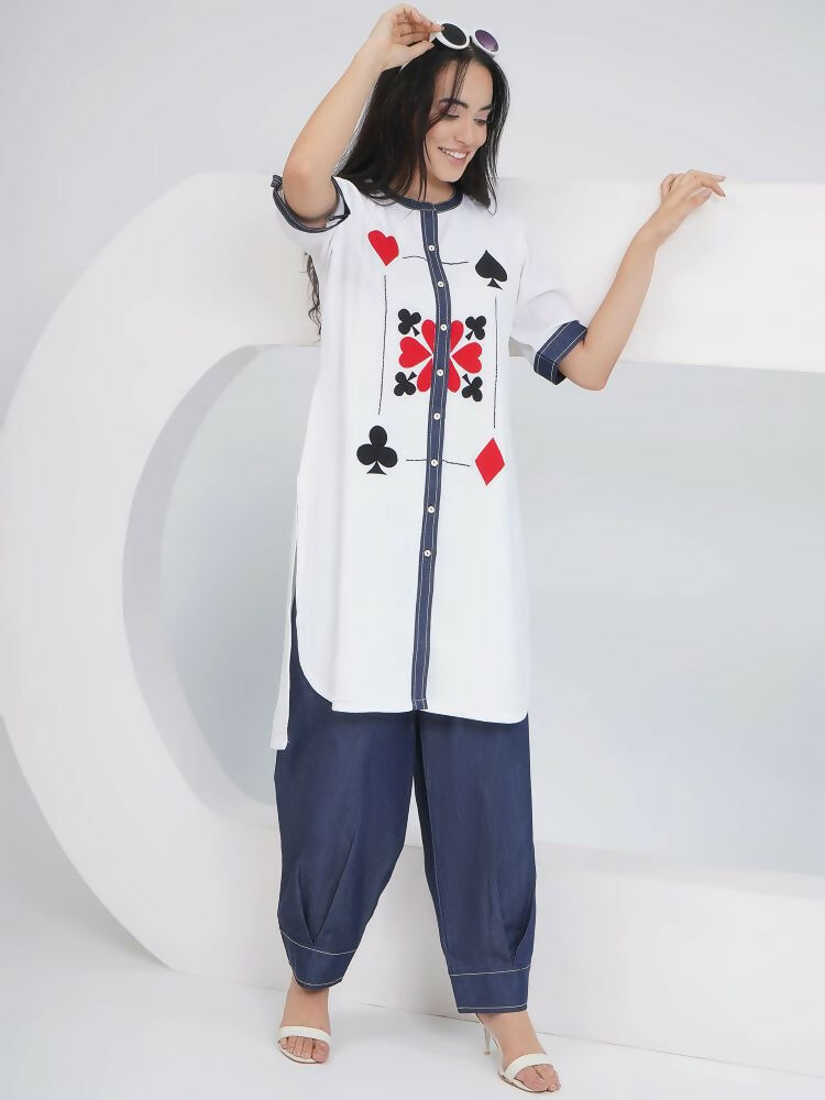 Joban Fashion White Rayon Crepe Applique Embroidered Shirt with Afghani Pants | Grocsy