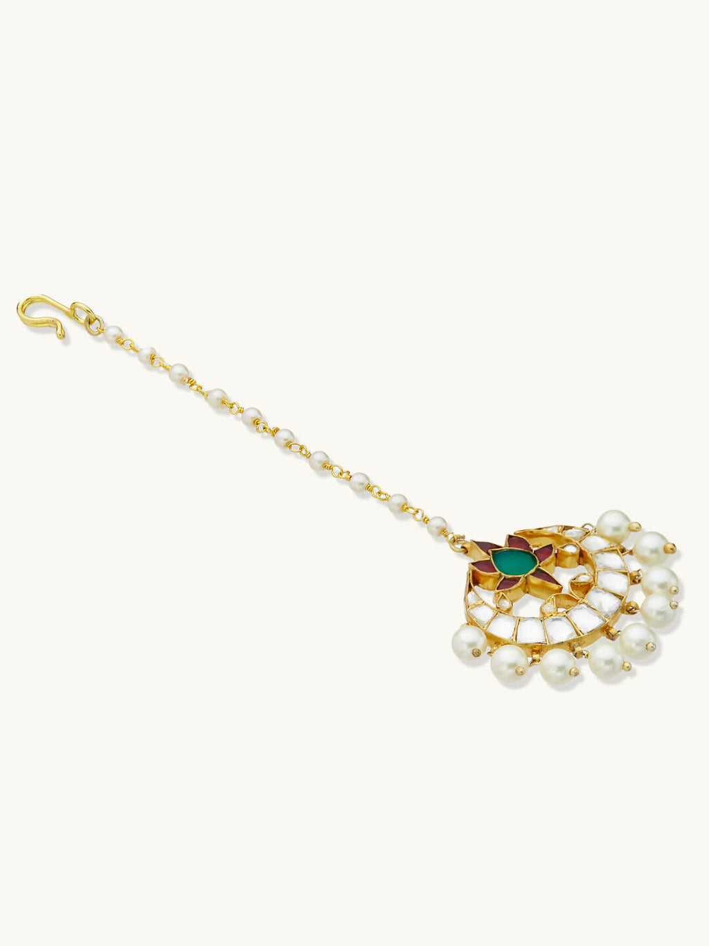 Nuyug 22K Gold-Plated Green Stone & Kundan Studded with Pearl Drop Maang Tikka Head Jewellery | Grocsy