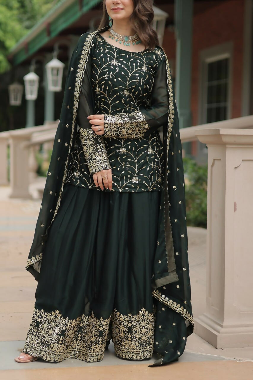 Vastranavya Premium Designer Heavy Sequins & Thread Embroidered work Kurti Palazzo & Dupatta - Mehendi | Grocsy