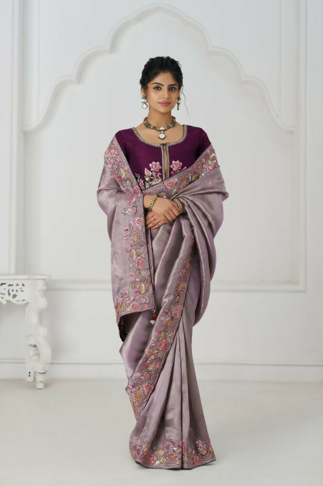 Kesar Fab Stunning Mauve Color With Multi-Thread And Sequins Embroidery Saree | Grocsy