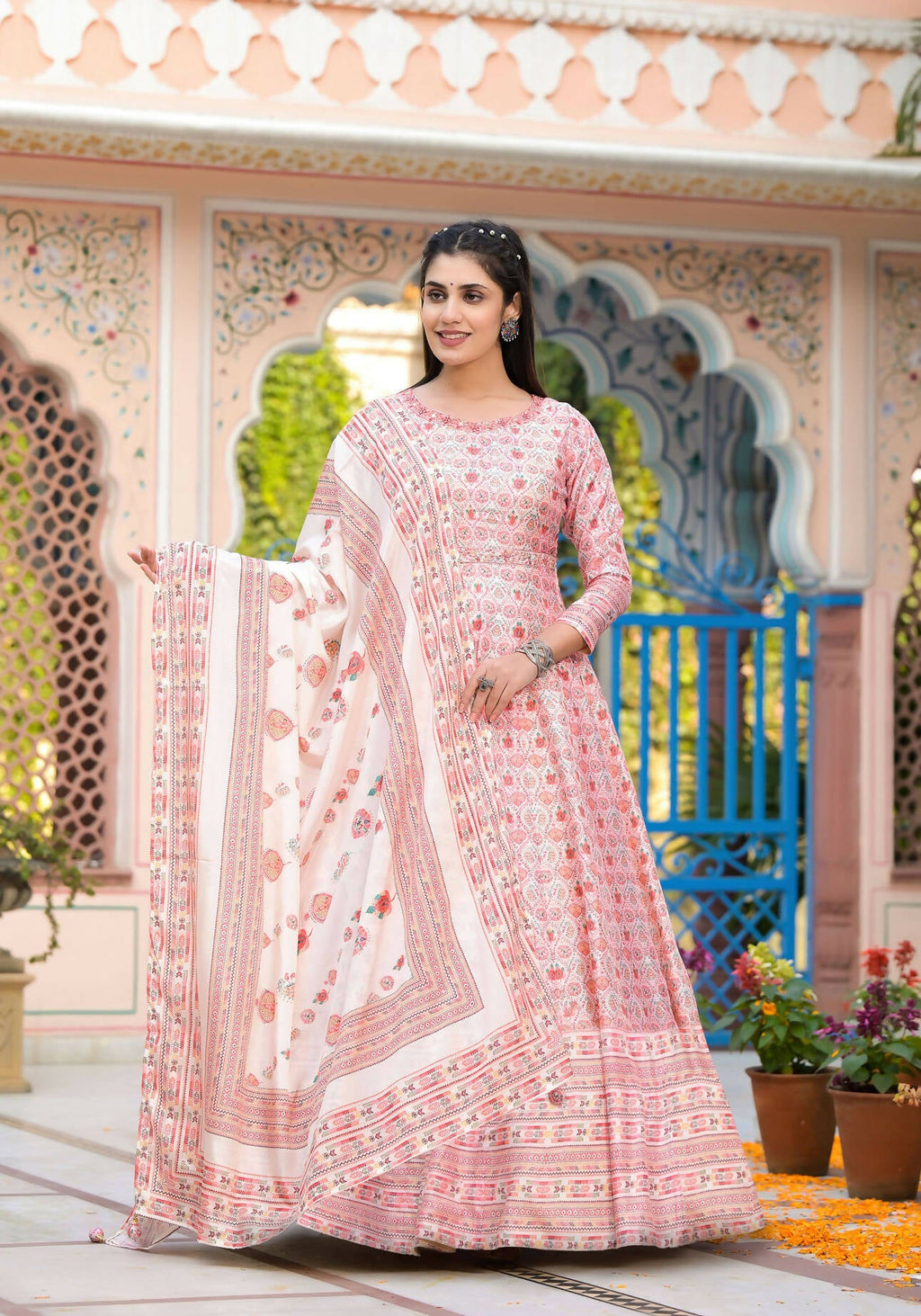 Functional Designer Off White-Light Pink Dola Silk Anarkali suit with Dupatta - Ramya | Grocsy