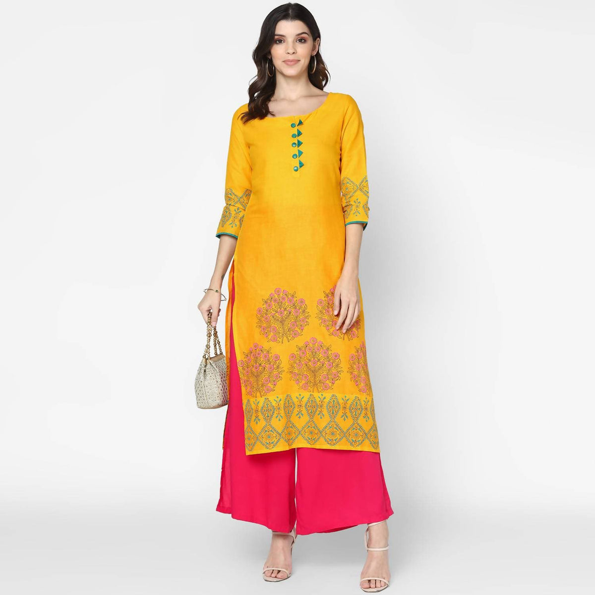 Cheera Hand Block Print Mustard Straight Kurta (MAAI-052K) | Grocsy