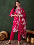 Sangria Pink Floral Embroidered Thread Work Pure Cotton Kurta & Trousers & Dupatta | Grocsy