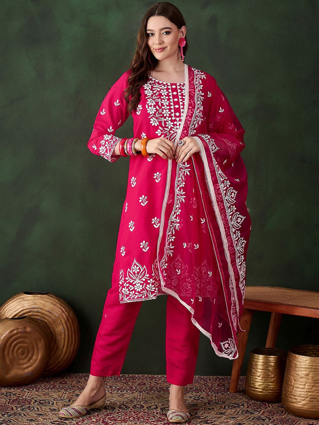 Sangria Pink Floral Embroidered Thread Work Pure Cotton Kurta & Trousers & Dupatta | Grocsy