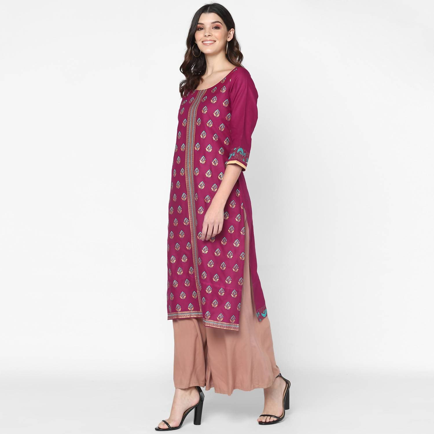 Cheera Hand Block Print Purple & Skin Color Straight Kurta With Palazzo (MAAI-075K) | Grocsy