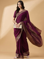 Purple Silk Blend Embroidered Saree with Unstitched Blouse - Vairagi | Grocsy