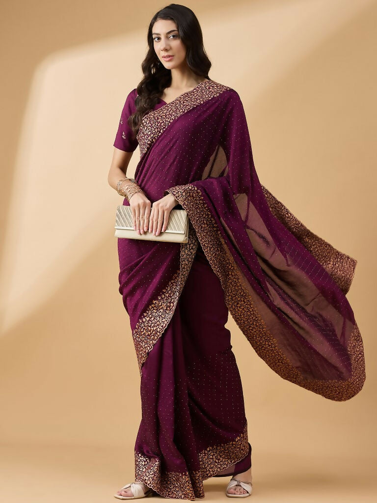 Purple Silk Blend Embroidered Saree with Unstitched Blouse - Vairagi | Grocsy