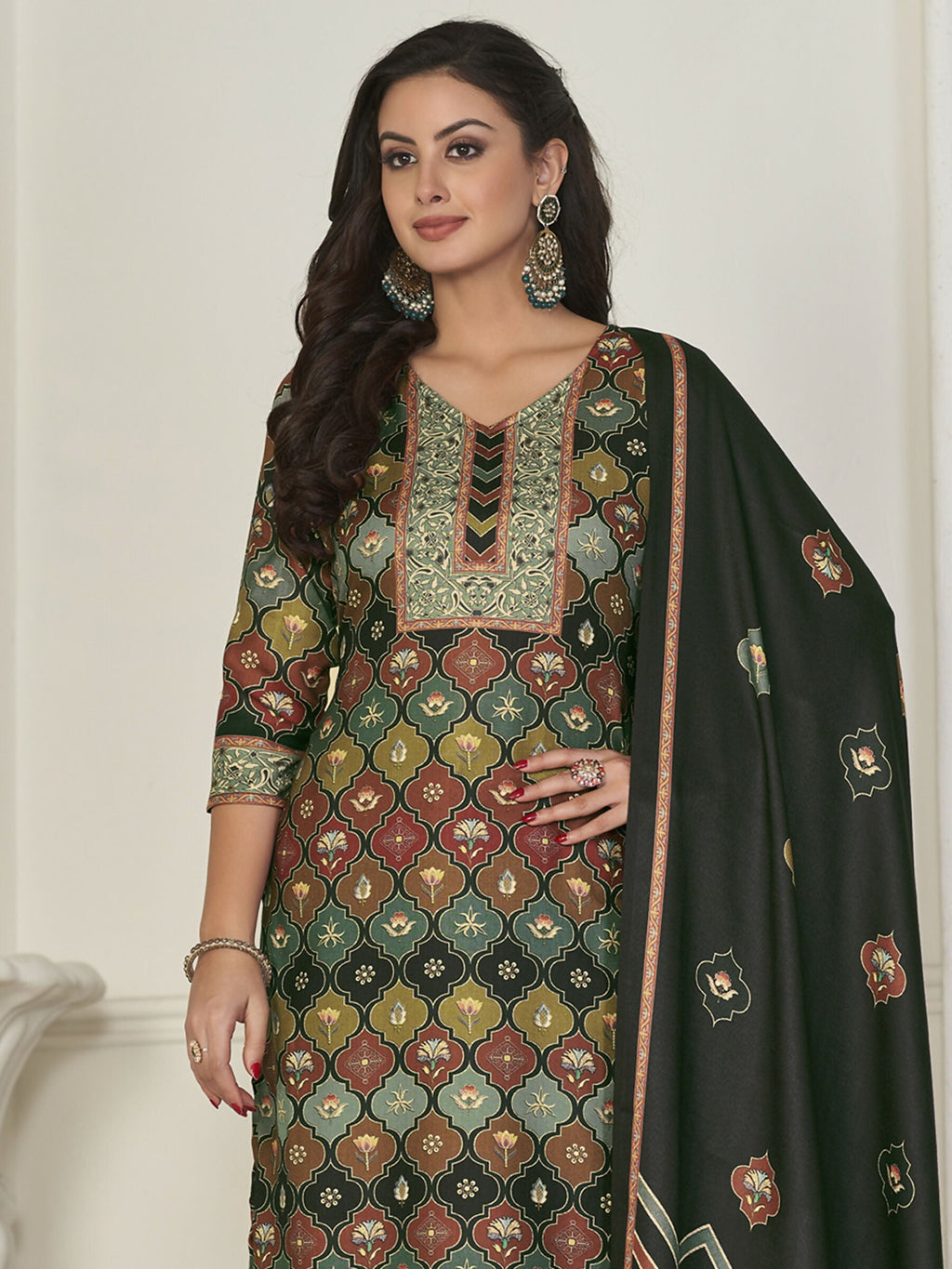 Jyoti Fashion Women's Multicolor Pashmina Digital Printed Kurta with Trouser & Dupatta | Grocsy