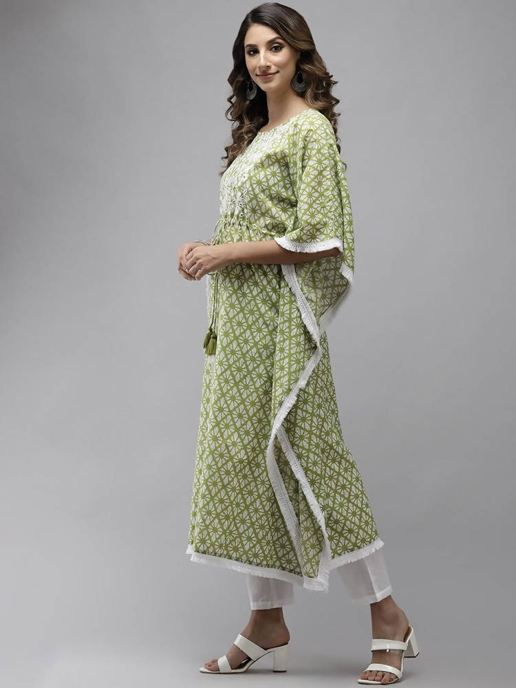 Yufta Women Lime Green Printed Kaftan Kurta | Grocsy