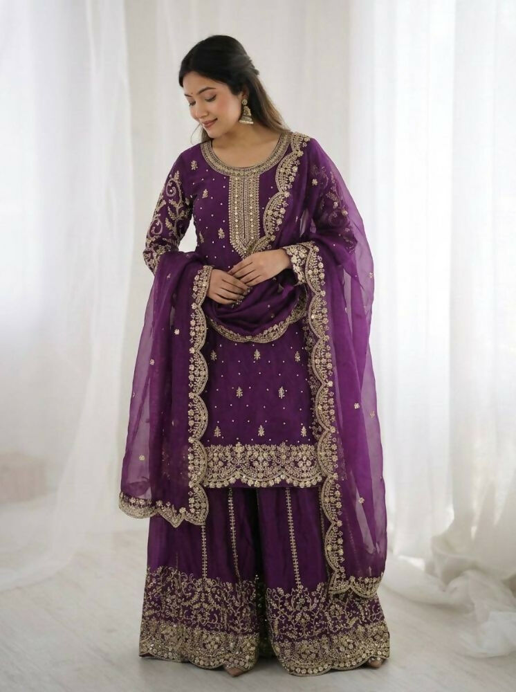 Teeya Creation Wine Color Fendy Silk Embroidery Work Wedding Wear Salwar Suit | Grocsy