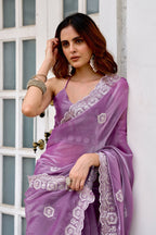 Vastranavya Lavender Embroidery Work Shimmer Chiffon Saree with Unstitched Blouse | Grocsy