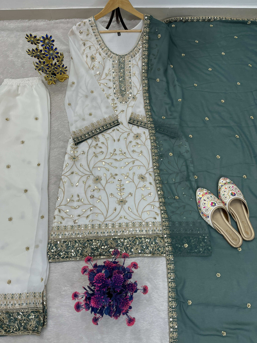 Teeya Creation White Color Faux Georgette Embroidery Work Long Party Wear Palazzo Suit | Grocsy