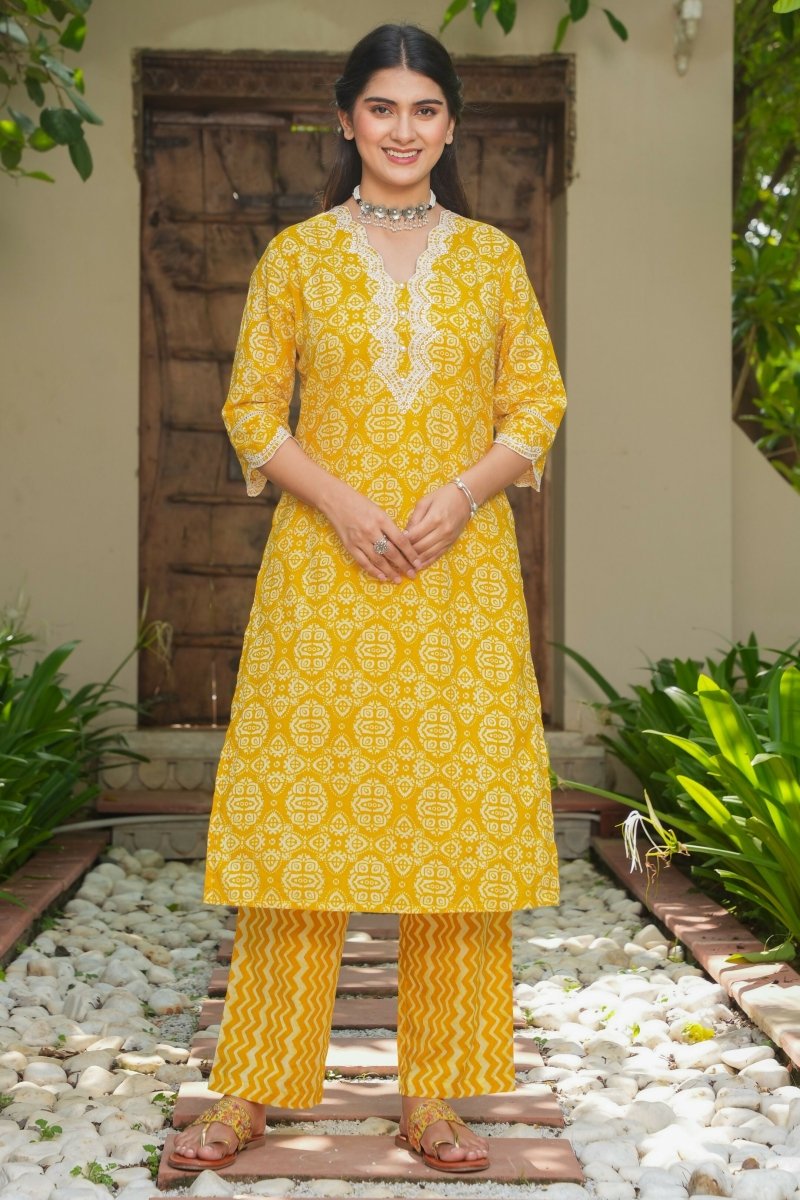Aramya Straight Soft Cotton Geometric Print Women's Kurta - Yellow | Grocsy