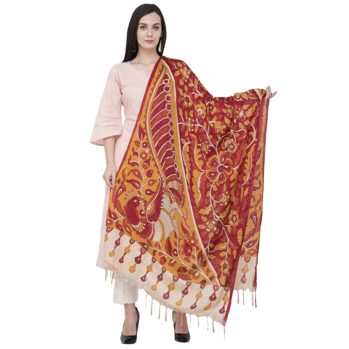 A R Silk Modal Kalamkari Print Orange Colour Fancy Dupatta | Grocsy