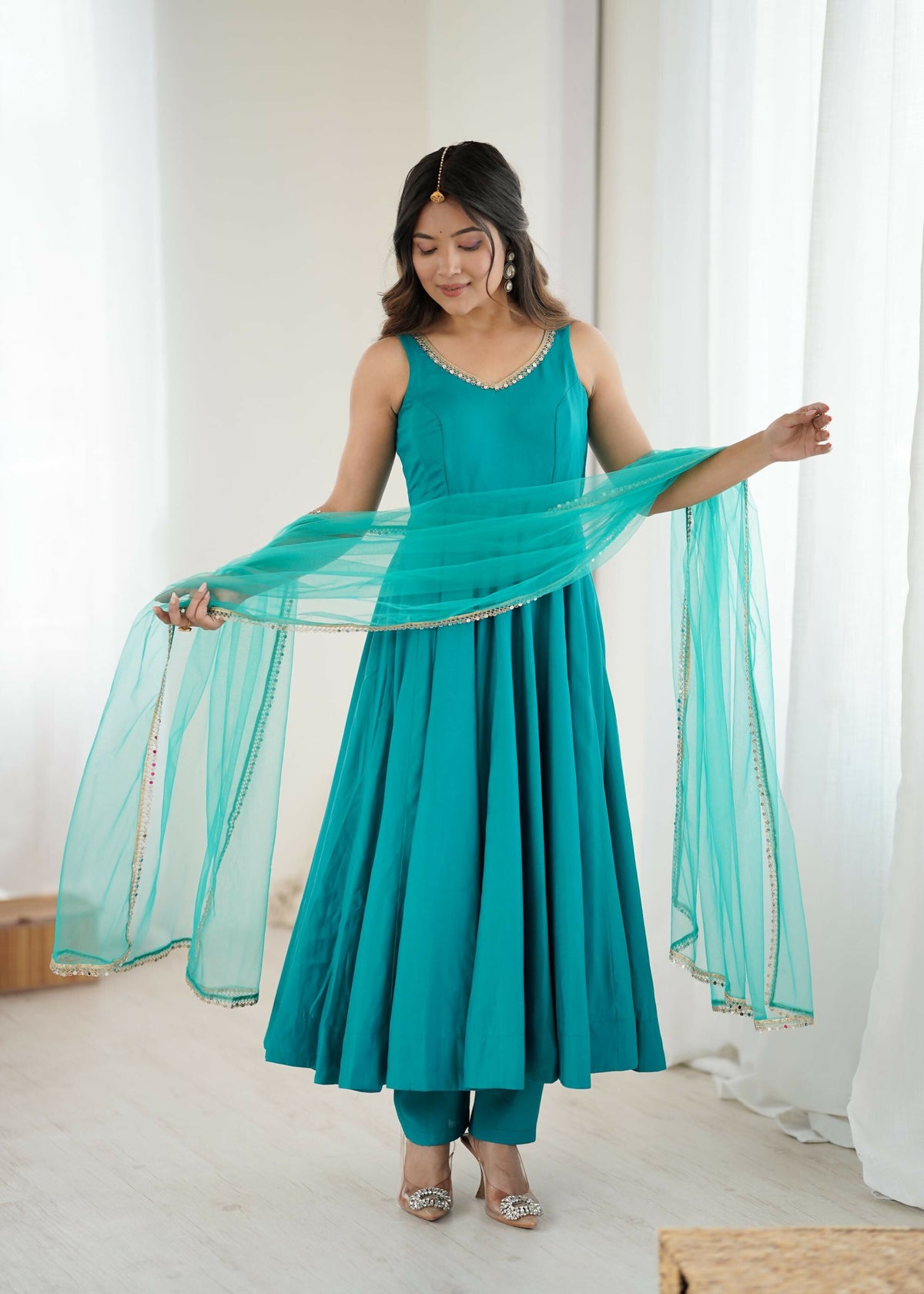 The52 Women's Beautiful Roman Silk Chanderi Fabric Flared Anarkali Pant and Dupatta Set | Grocsy