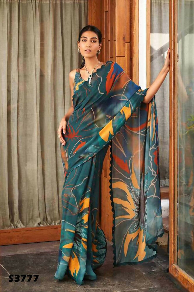 Green Bright Moss Designer Digital Printed Party Wear Saree - Be Verly | Grocsy