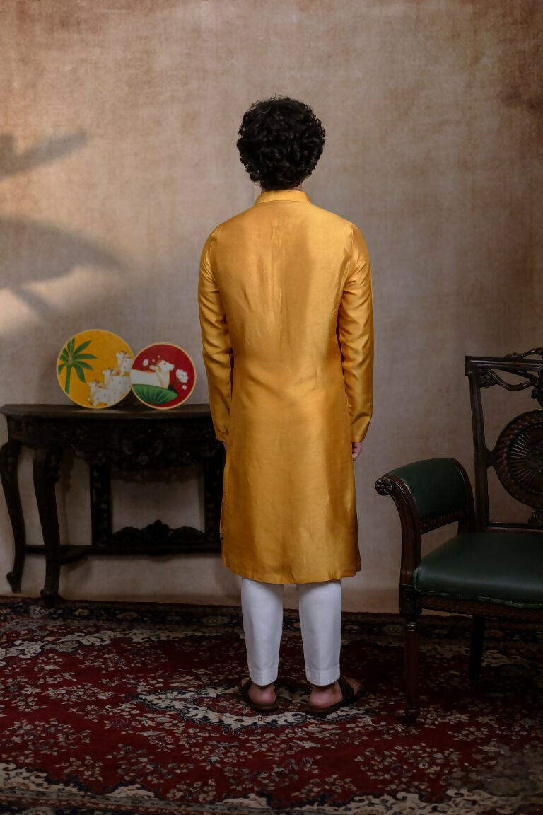 Falling Raw Silk Yellow Mural Krishna By Hilo Design | Grocsy