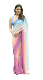 Vamika Georgette Lace Work Pink,Sky Blue & Orange Bollywood Style Saree | Grocsy