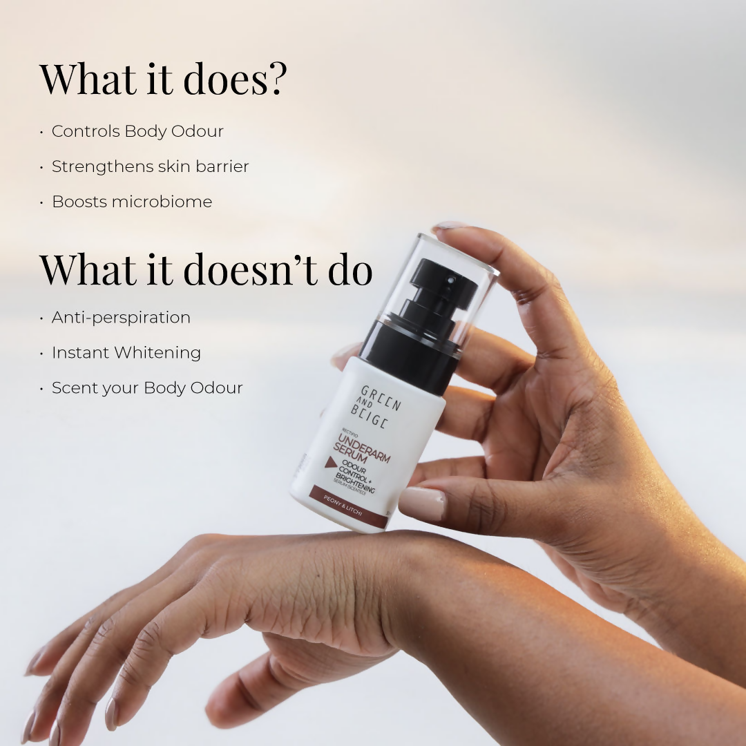 Green And Beige Rectifio Underarm Serum For Odour Control & Brightening - Peony Litchi Scented | Grocsy