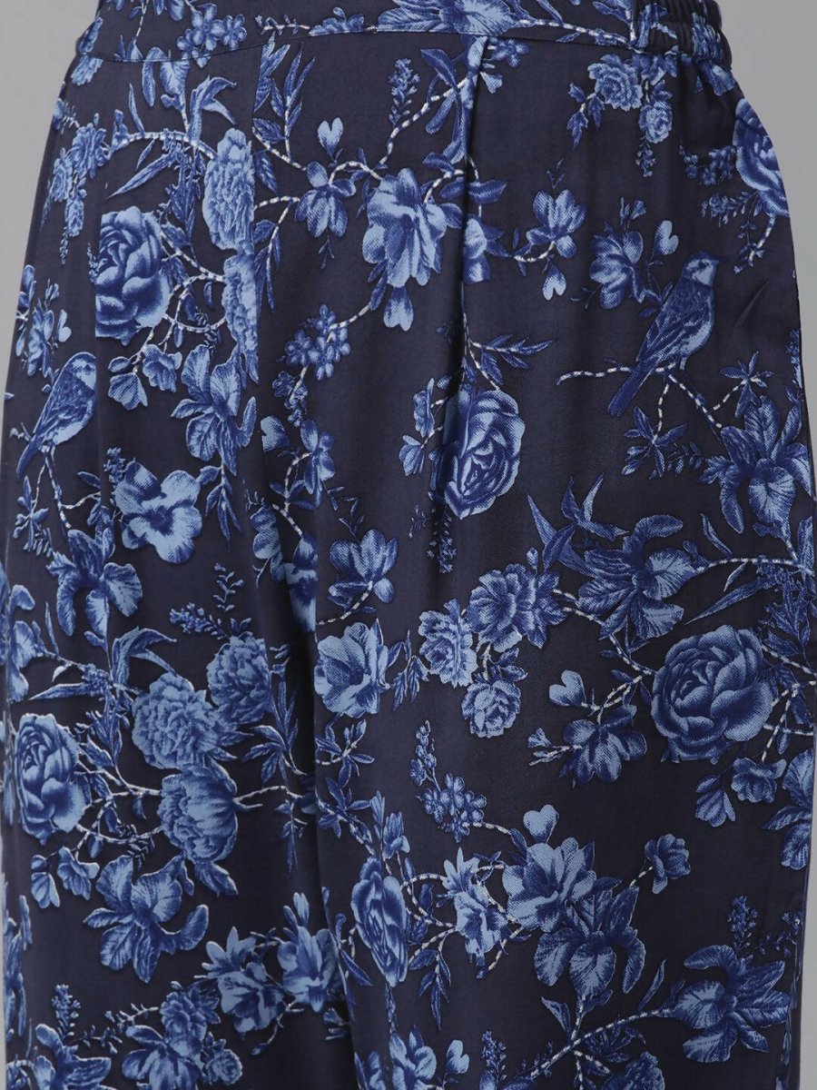 Ahalyaa Women Navy Blue Rayon Wax Printed Angrakha Gotta Patti Tunic With Trousers | Grocsy