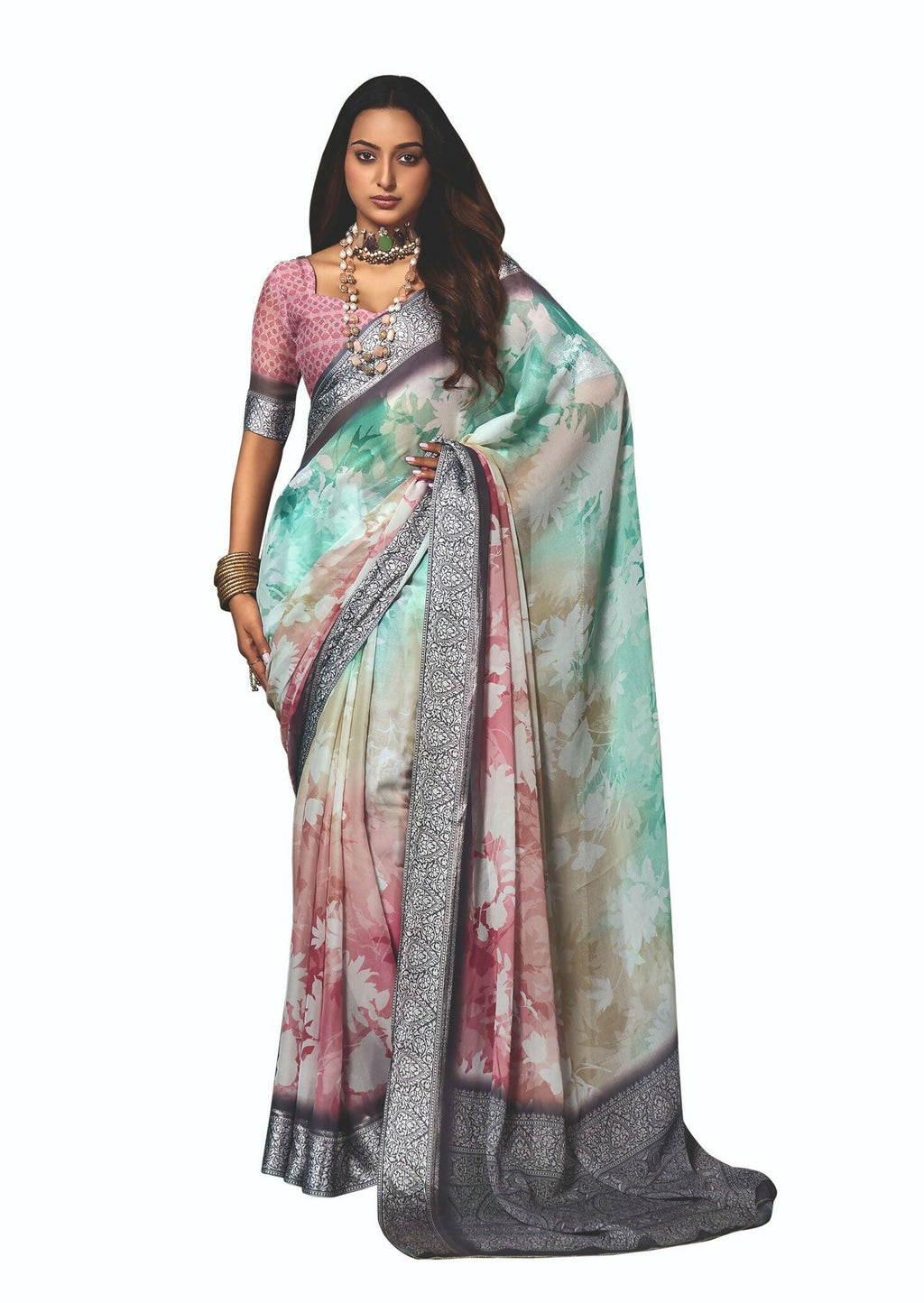 Joban Fashion Dola Silk With Zari Border Shaded Multi Color Work Saree | Grocsy
