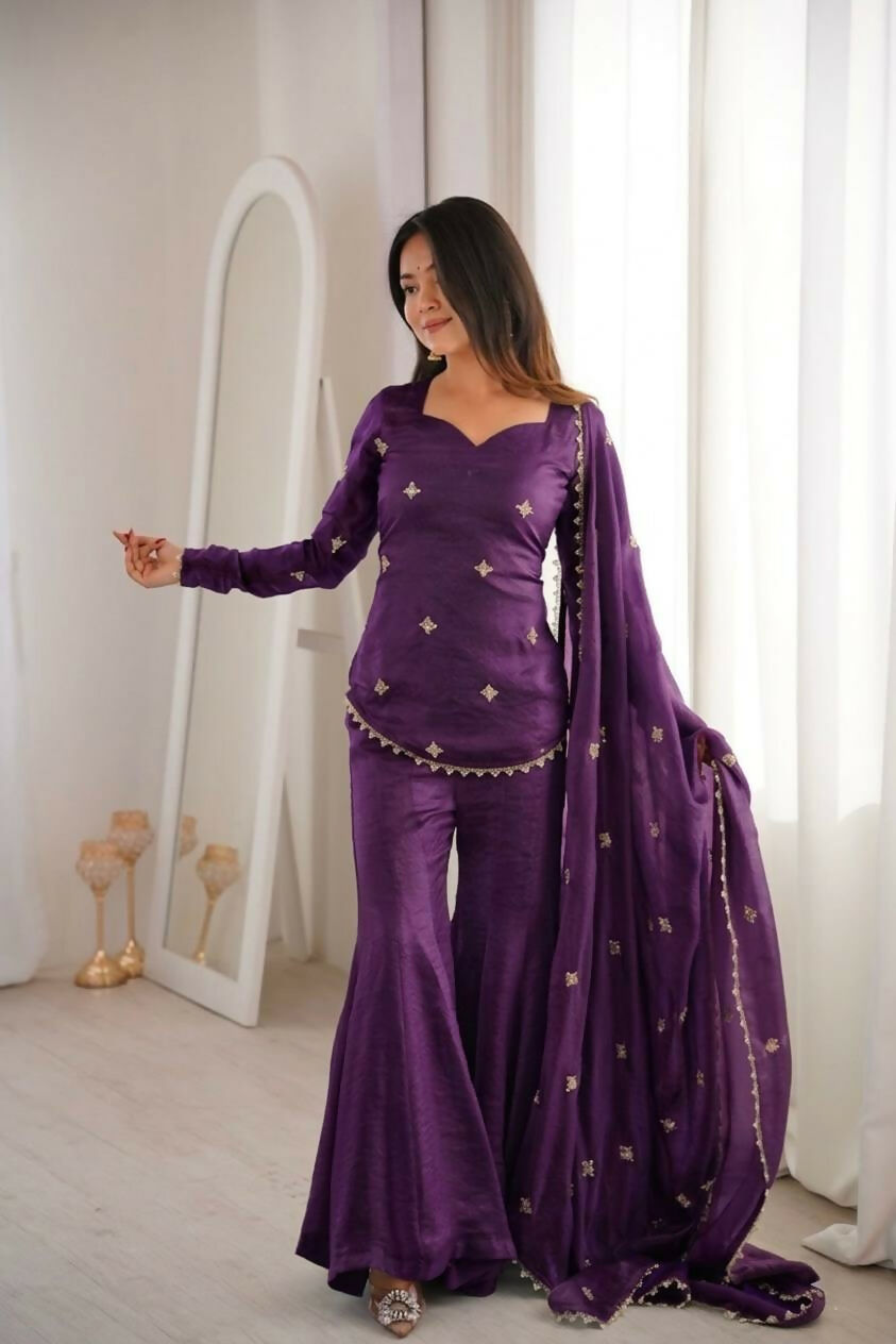 Teeya Creation New Womens Trendy Embroidery Sequence Work Purple Kurta Set | Grocsy