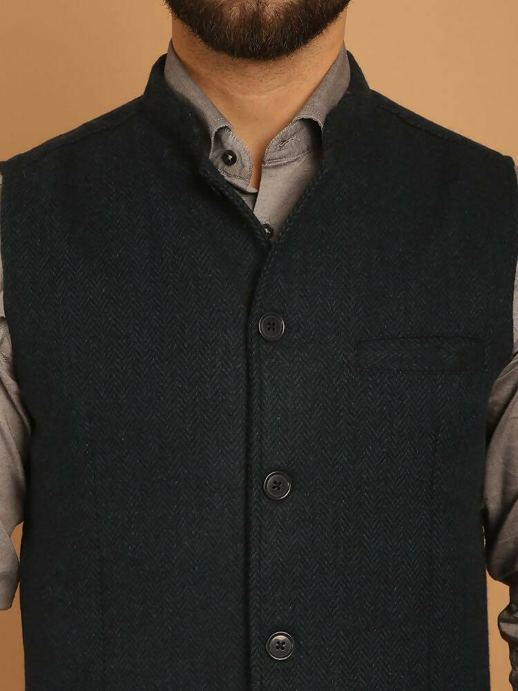 Even Apparels Pure Wool Nehru Jacket - Green | Grocsy