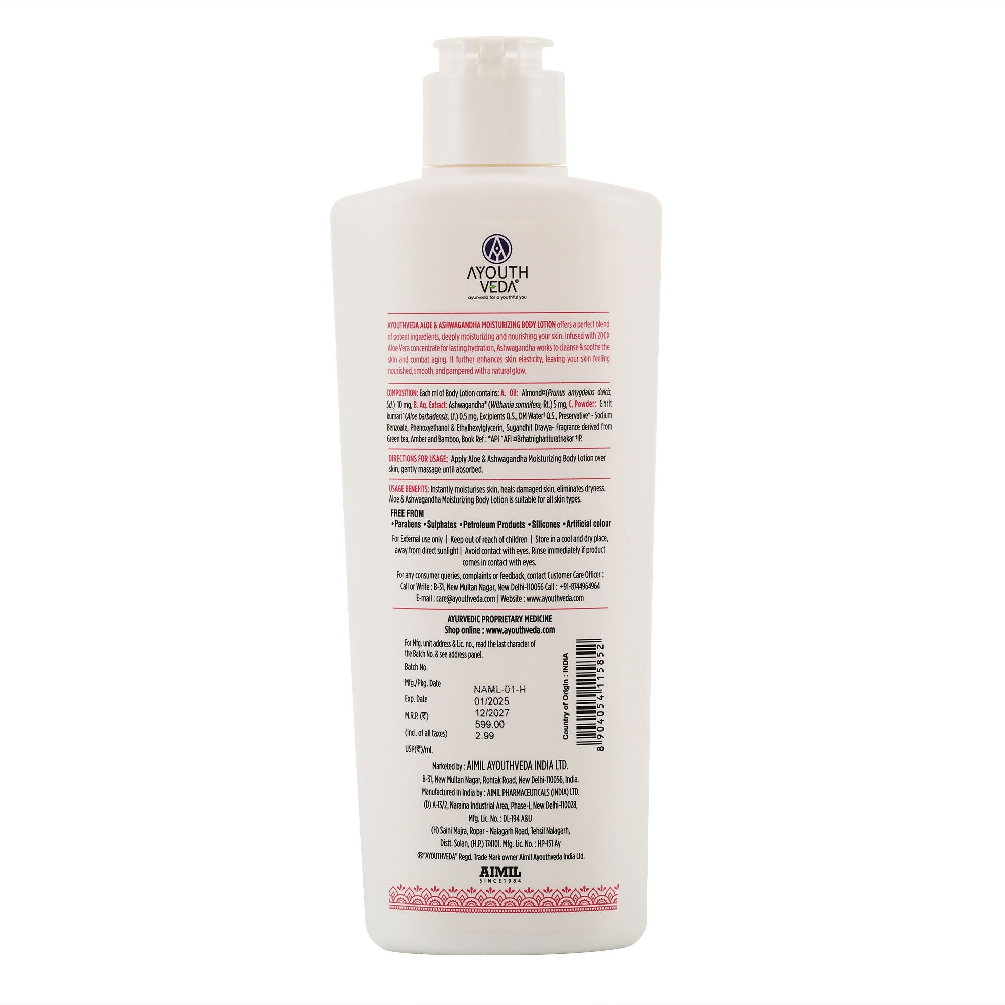 Ayouthveda Aloe & Ashwagandha Moiturizing Body Lotion | Grocsy