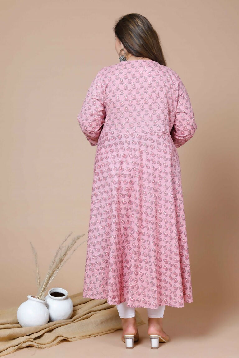 Miravan Women's Pink Plus Size Cotton Floral Print Long Anarkali Kurta | Grocsy