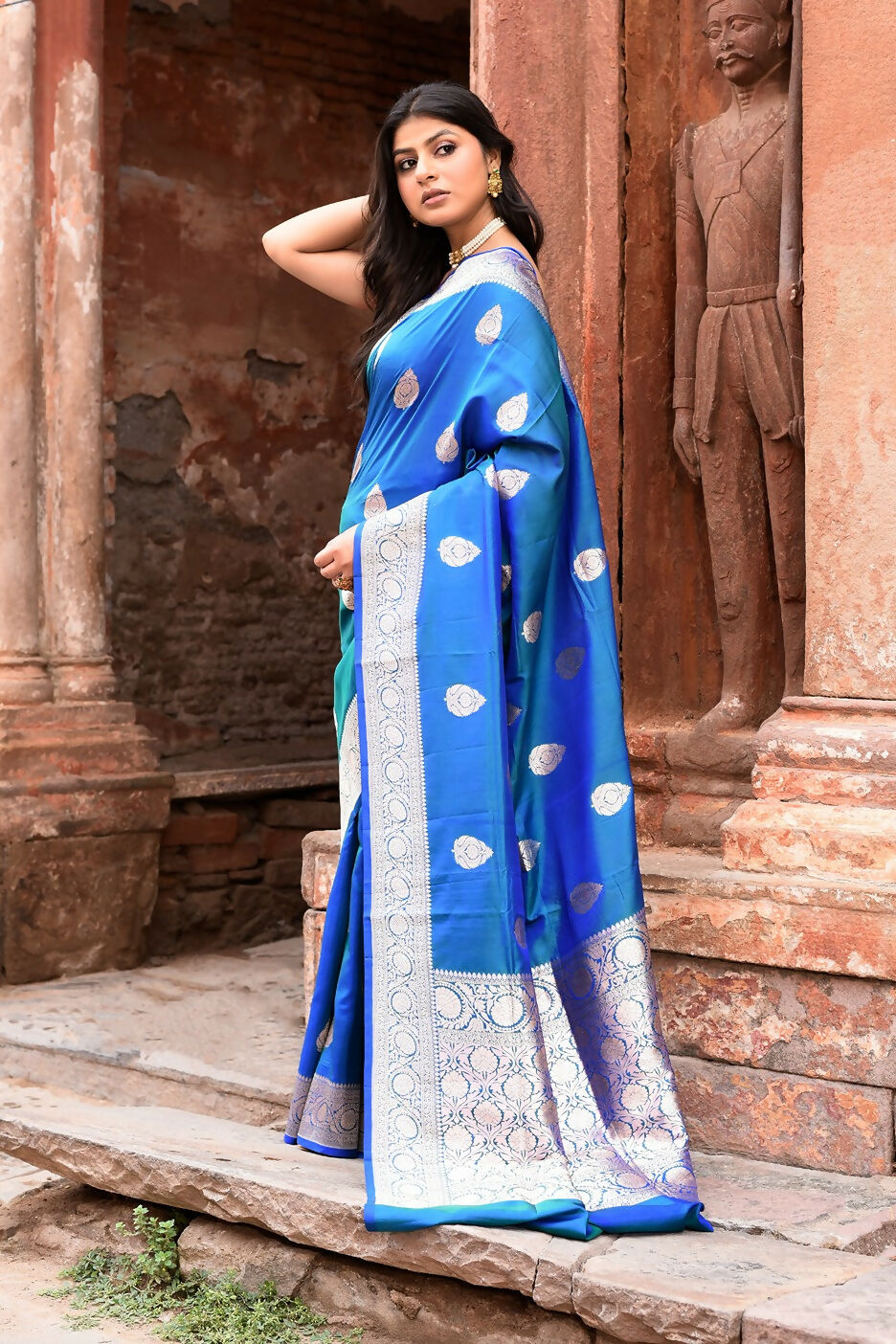 Joban Fashion Blue Banarasi Katan Pure Handloom Banarasi Silk Saree | Grocsy