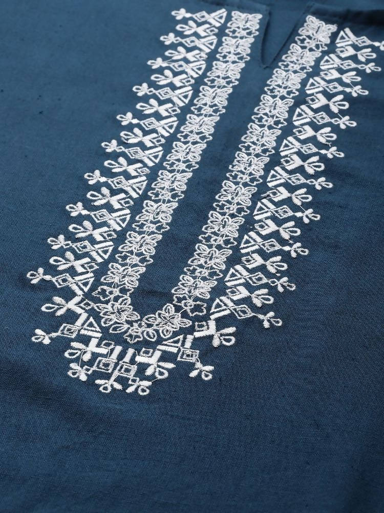 YuftaWomen Navy Blue & White Yoke Design Thread Work Cotton Kurta with Palazzo & Dupatta | Grocsy