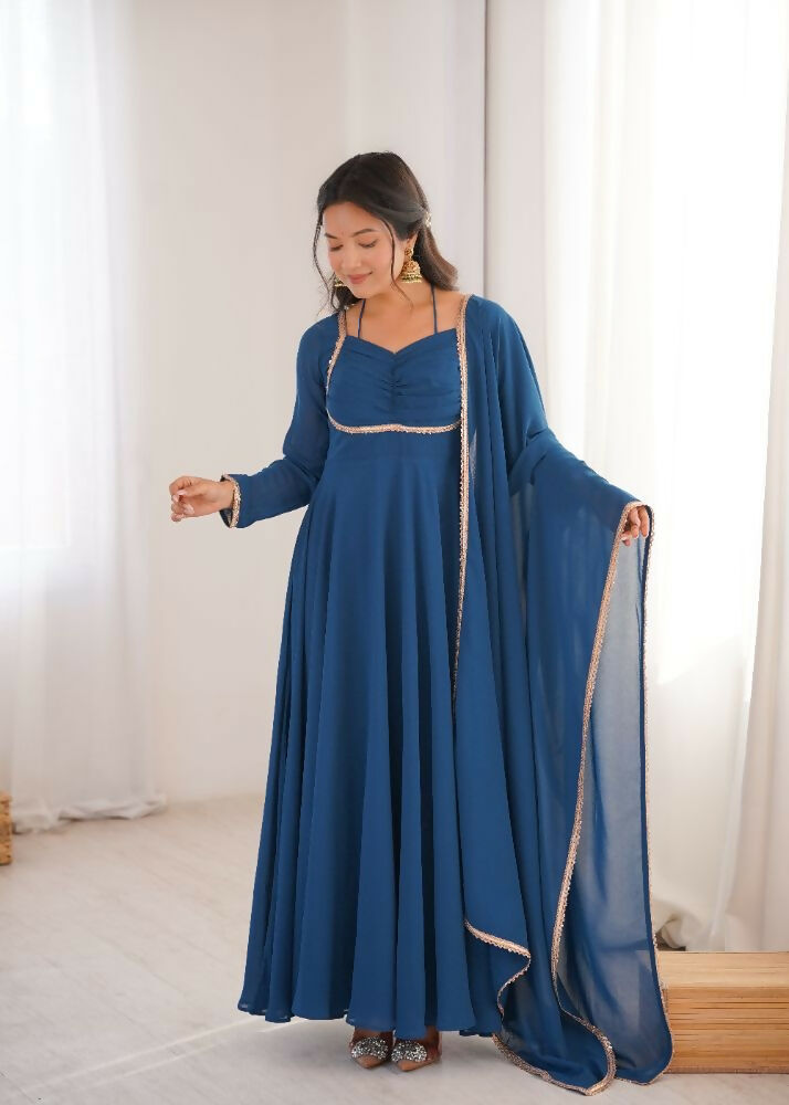 The52 Women's Gorgeous Solid Fox Blooming Georgette Fabric Flared Anarkali and Dupatta Set | Grocsy