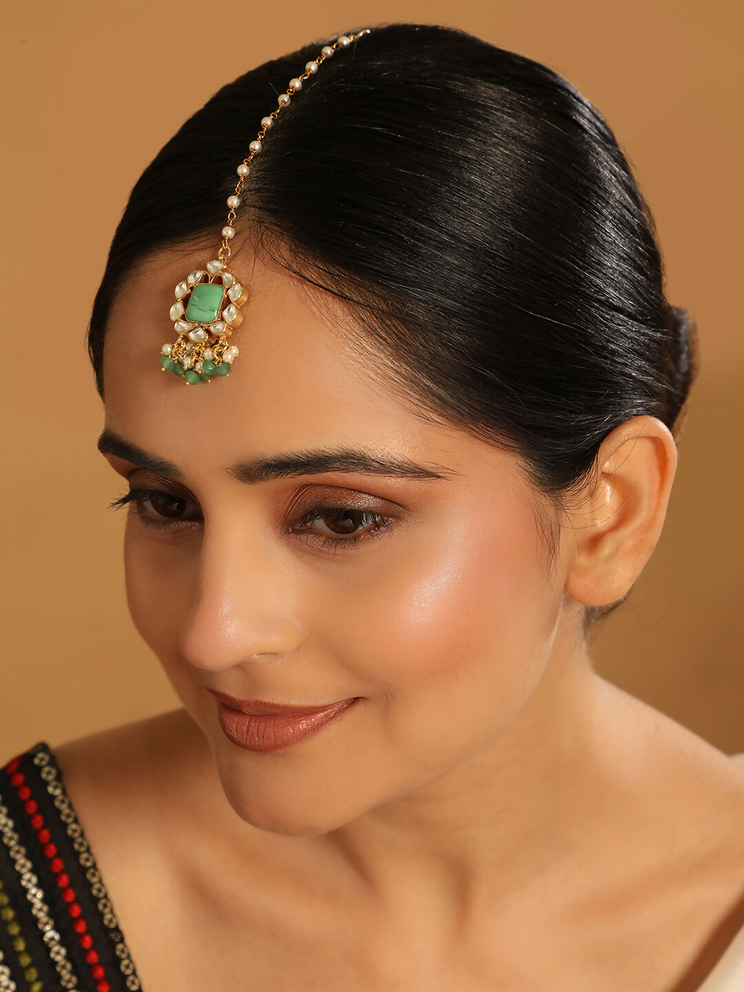 Nuyug 22K Gold-Plated Kundan & Green Stone Embellished Maang Tikka Head Jewellery | Grocsy