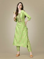 Jyoti Fashion Women's Light Green Rayon Embroidered Kurta Pant Set | Grocsy