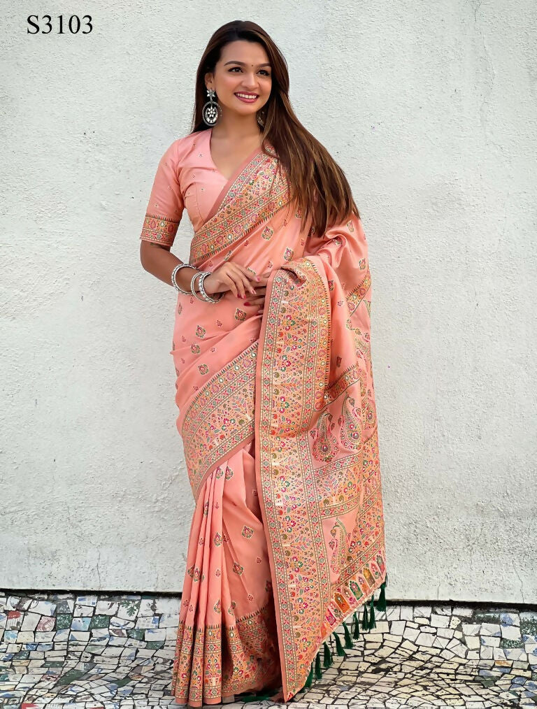 Peach Pashmina Silk Wevon Kashmiri Meenakari Designer Saree with Unstitched Blouse - Vandini | Grocsy