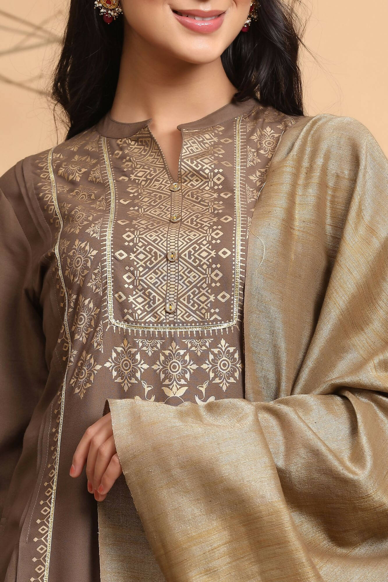 Juniper Women's Brown Rayon Printed Straight Kurta Set | Grocsy