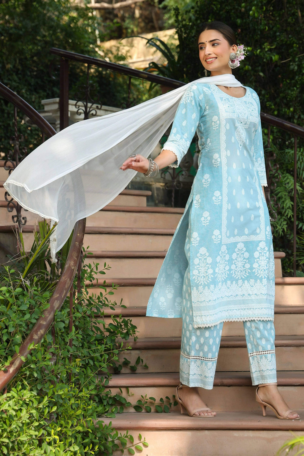 Juniper Women's Skyblue Printed Straight Kurta Sets | Grocsy