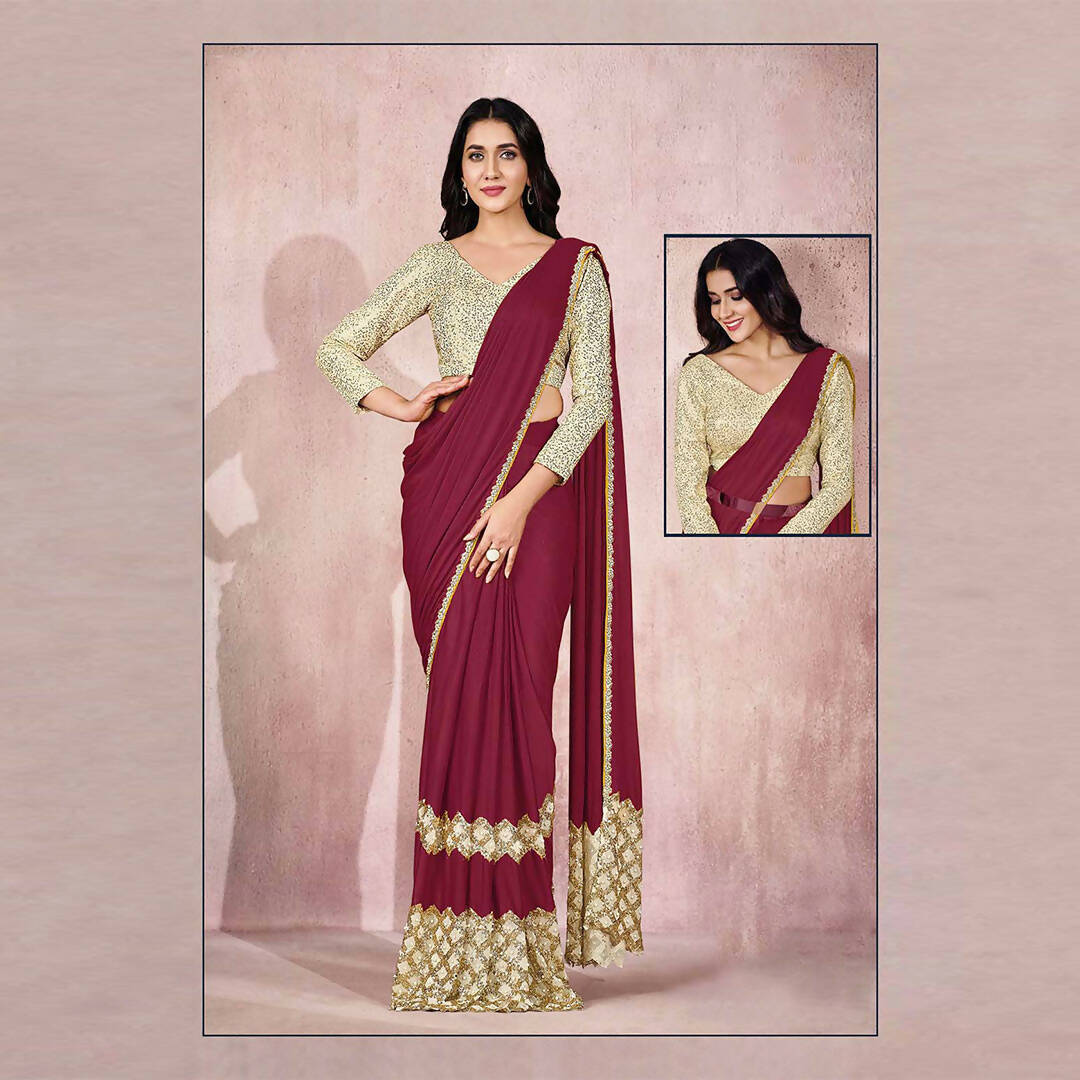 Maroon Lycra Embroidery Designer Saree With Blouse - Mohmanthan Sitaarah | Grocsy