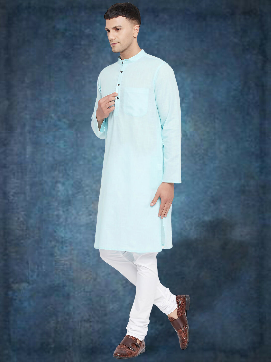 Even Apparels Men's Pure Cotton Blue Kurta | Grocsy