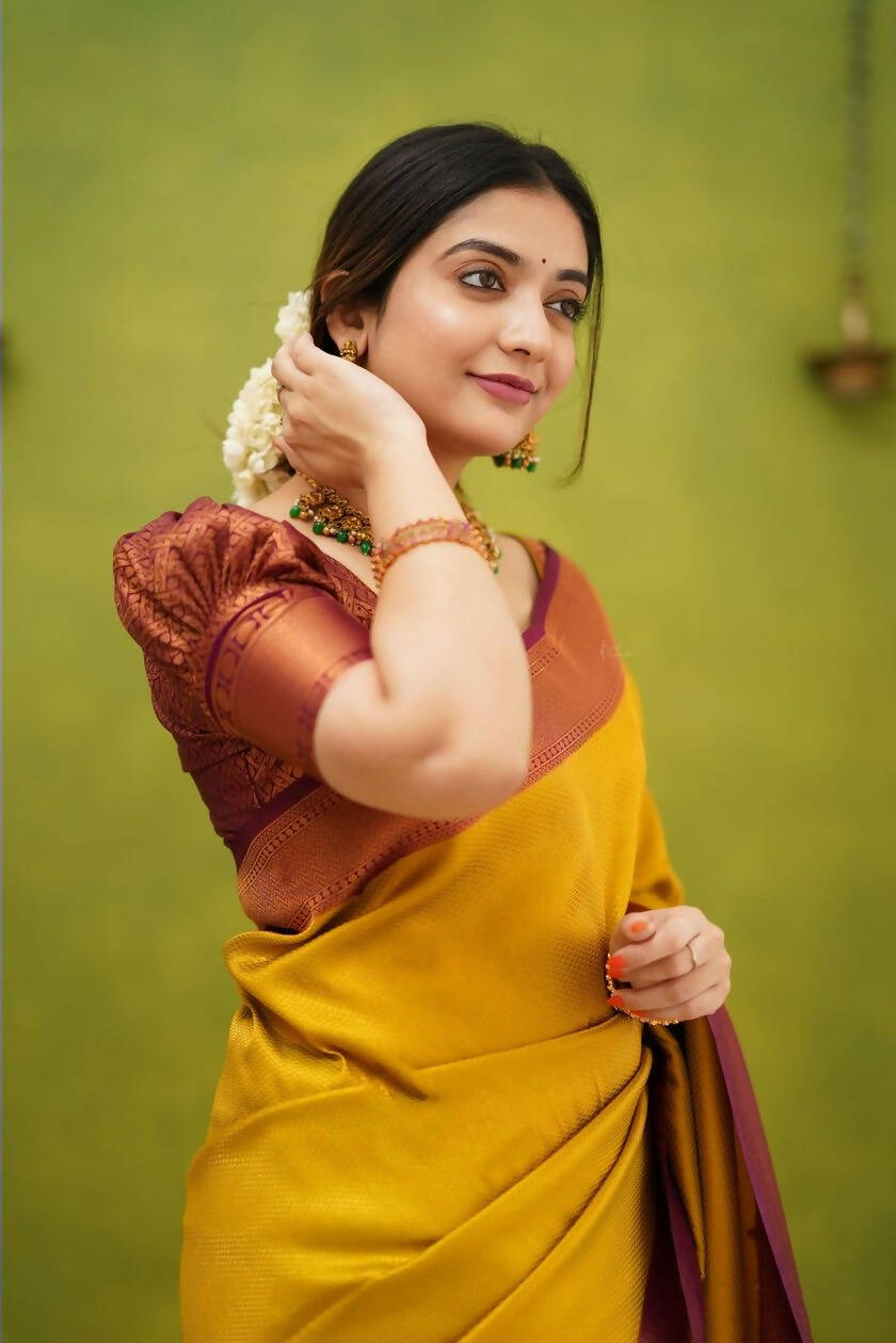 DEIANA'S Beautiful Designer Golden zari Soft Lichi Silk Saree - Yellow | Grocsy