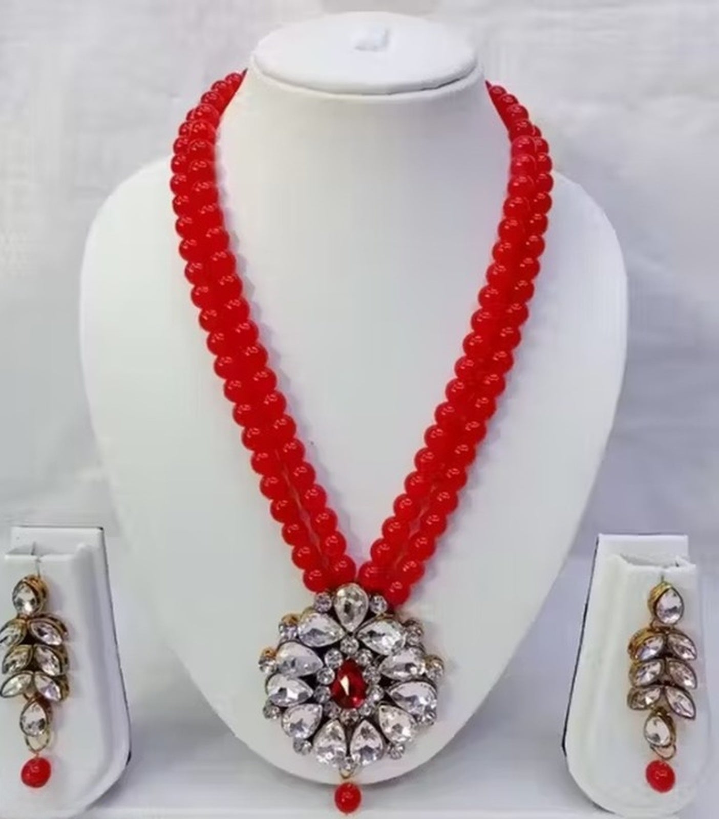 Jewel City Traditional Handcrafted Ethnic Red Beaded Necklace Set with Gold-Plated Finish & Studded Stones  | Grocsy