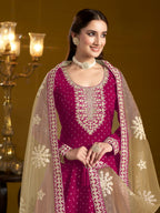 Anaita Rani Pink Embroidered Jacquard Chanderi Anarkali Suit | Grocsy