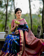 DEIANA'S Beautiful Designer Golden zari Soft Lichi Silk Saree - Royal Blue | Grocsy