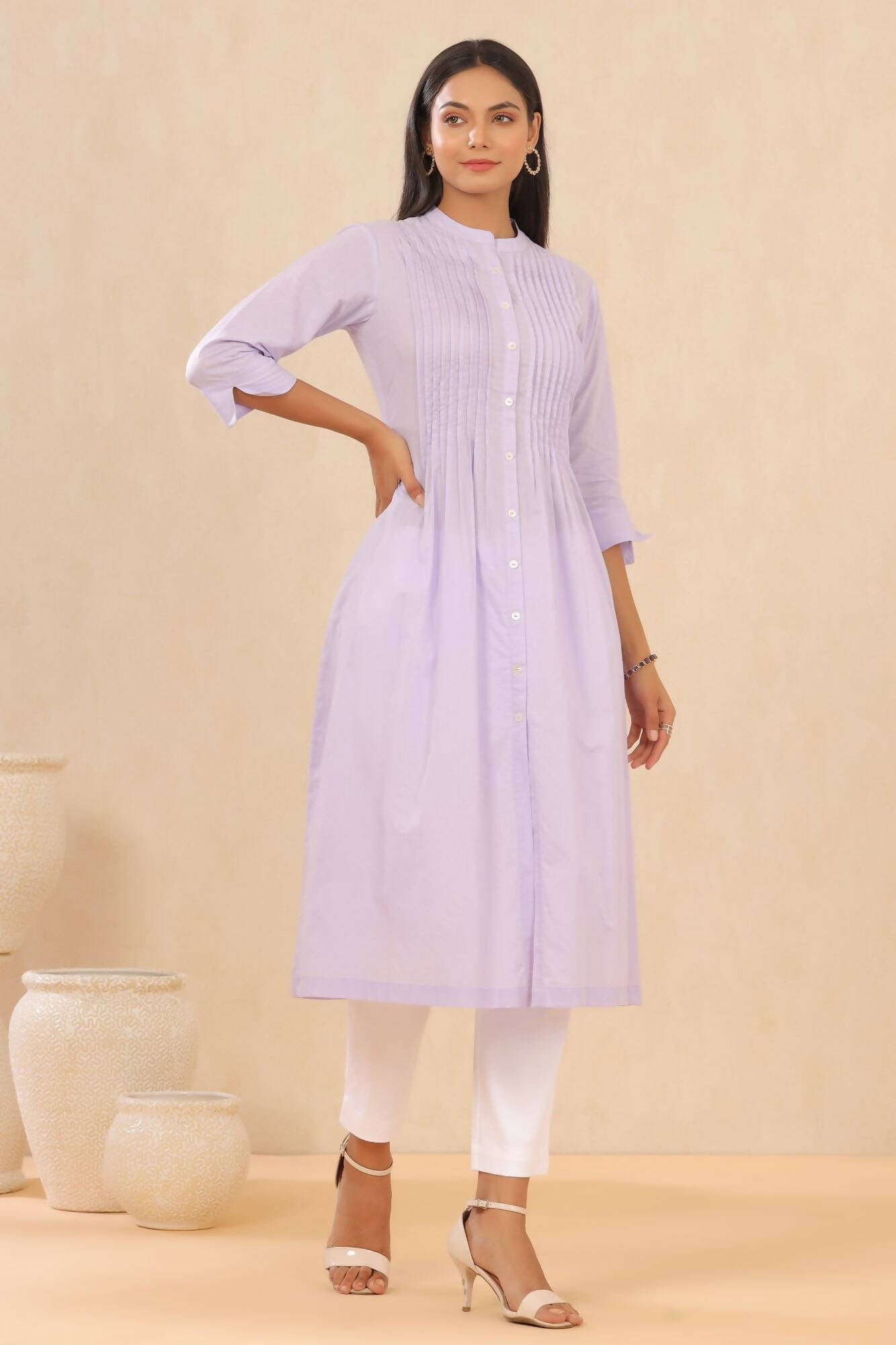 Juniper Women Lilac Cambric Solid A-Line Kurta | Grocsy