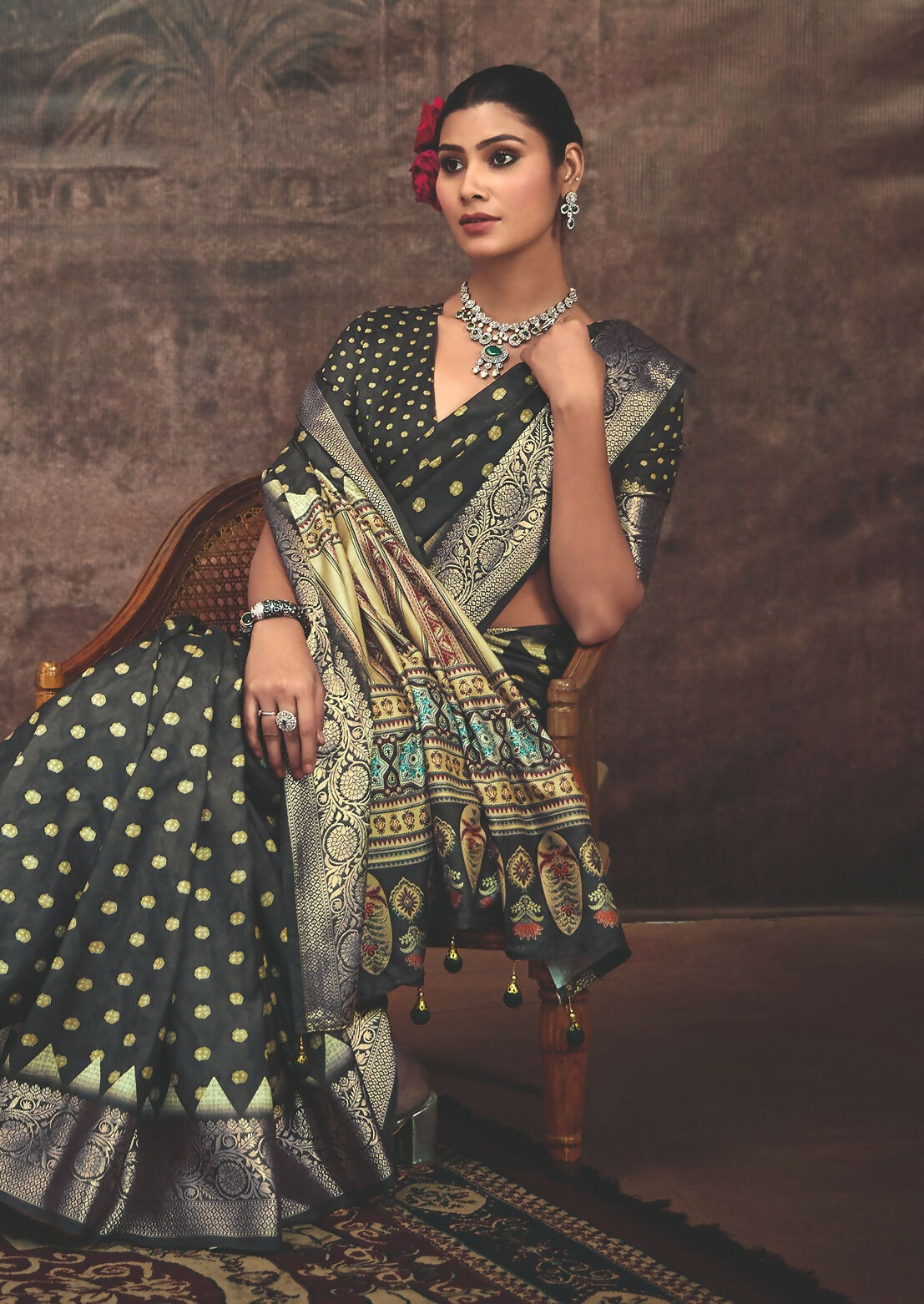 Joban Fashion Black Art Silk With Fine Viscose Border Ajrak Full Body Print With Soft Finish Saree | Grocsy