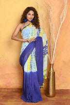 Very Much Indian Tie & Dye Handloom Mul Cotton Saree - Blue Green | Grocsy