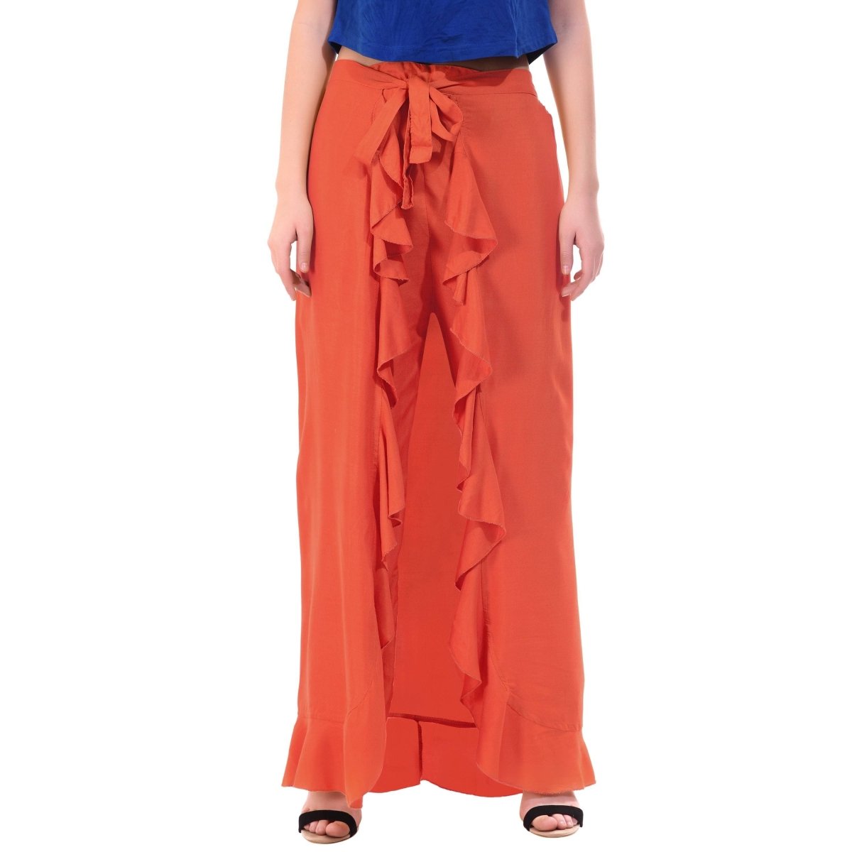 Asmaani Orange Color Plain Ruffle Palazzo | Grocsy
