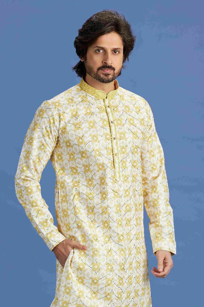Raivat Ethnic Cotton Embroidery Kurta Pajama In Yellow Colour | Grocsy