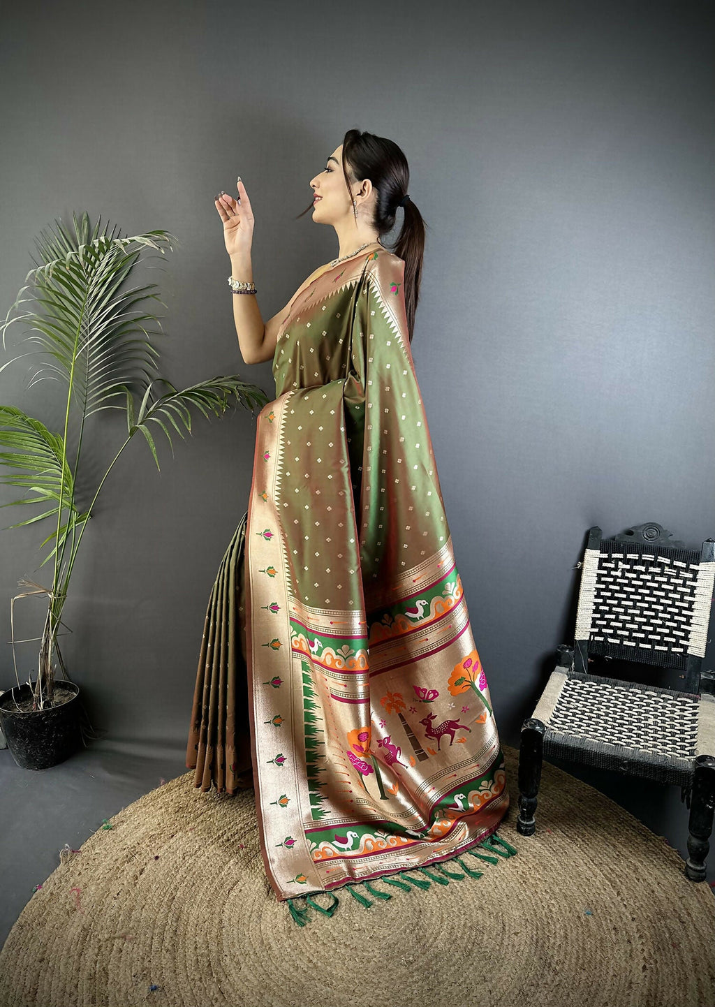 Joban Fashion Mehendi Green Peacock & Floral Motifs Soft Lichi Silk Kanchipuram Saree | Grocsy